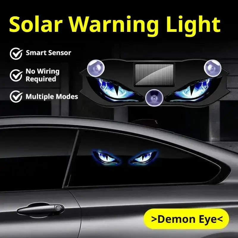 lampe d’avertissement solaire noire avec motif d’œil de démon, équipée d’yeux à DEL bleues lumineuses et de ventouses pour un montage aisé sur les vitres de voiture