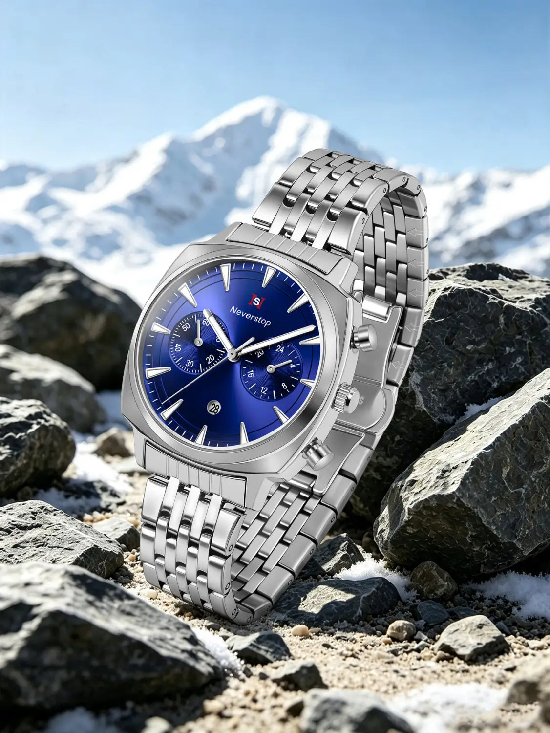 Men’s stainless steel chronograph watch with a silver tone and vibrant blue dial featuring three sub-dials and the neverstop brand logo.