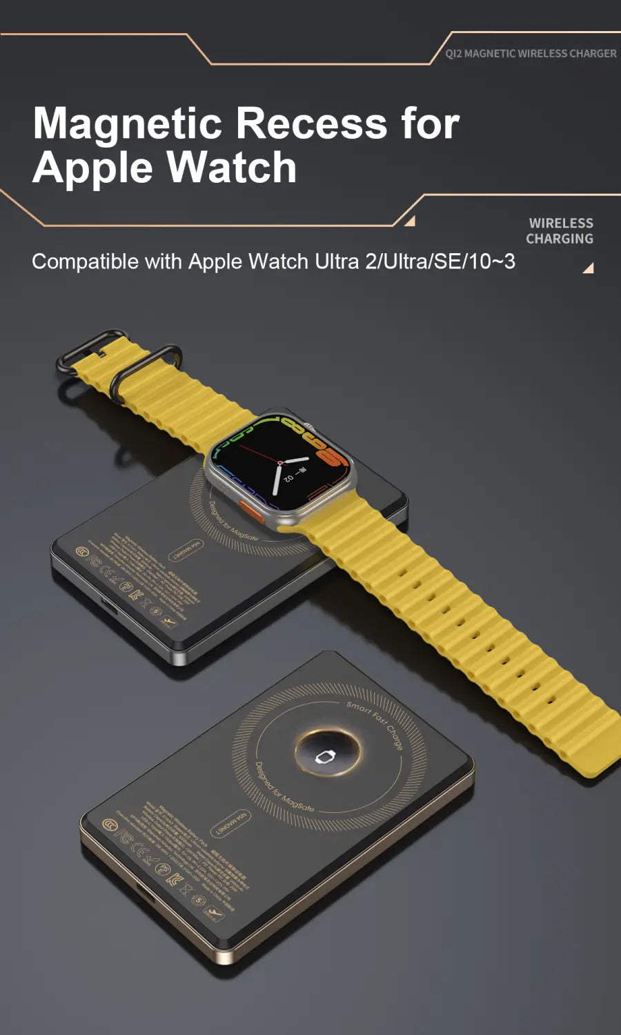 Gelbes Silikon-Uhrenarmband mit magnetischer Aussparung zur Verwendung mit der Qi2-Magnet-Wireless-Powerbank 10000mAh für die Apple Watch.