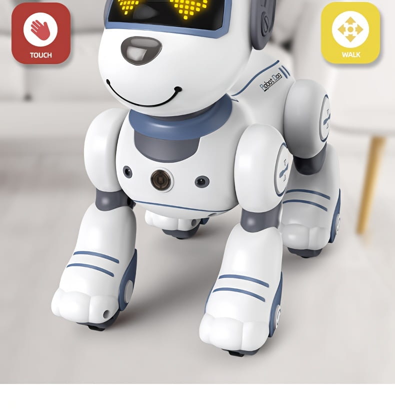 Remote control robotic dog toy in white and blue with led eyes, smiling face, articulated limbs, and rechargeable battery for interactive play.