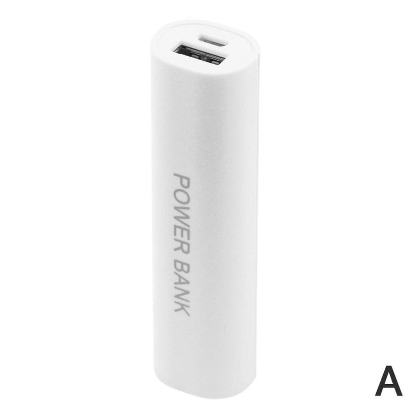 White cylindrical portable 18650 power bank case with a usb port and power bank printed vertically on the side for diy shell charger use.