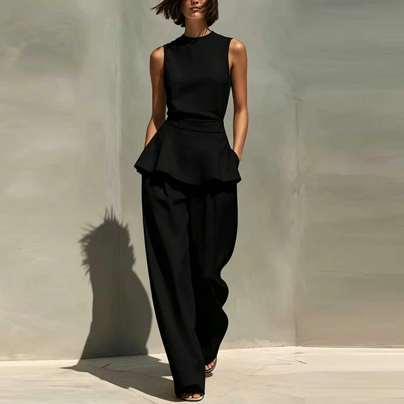 Office Lady Outfits Women Fashion Two Piece Set Summer Sleeveless O Neck Vest Sleeveless Shirt High Waist Pants Suit Work Wear
