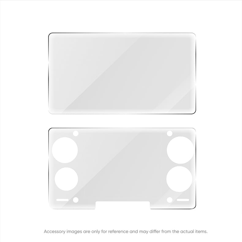 Klare, gehärtete Glasschutzfolie für das Display mit präzisen Aussparungen für Kameraobjektive und Sensoren, für Ayn Thor-Zubehöretui und TPU-Griff-Set.