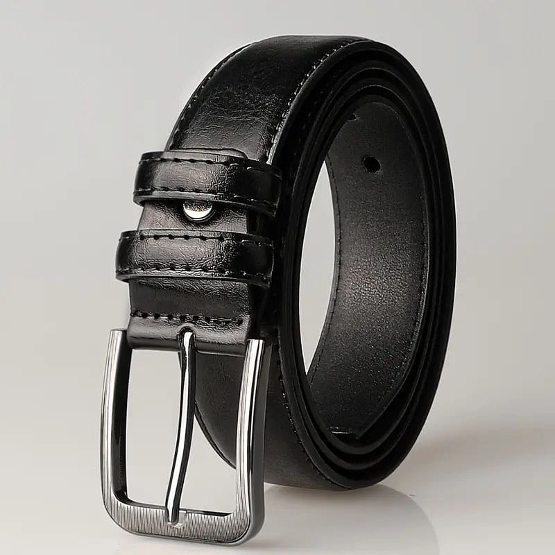Ceinture pour hommes en simili cuir noir avec boucle à broche rectangulaire ton argent