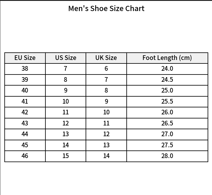 men light blue oxford dress shoes size chart displaying conversions between eu us uk sizes and foot lengths in centimeters for accurate fitting.