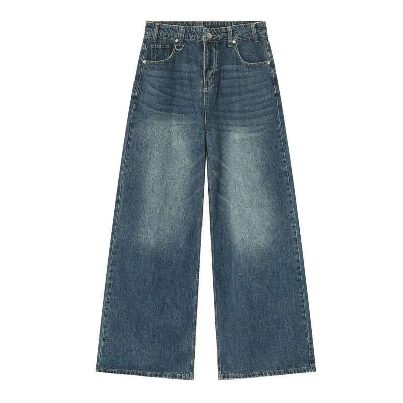 Iefb camouflage wide leg denim jeans featuring high-waisted wide-leg style in medium blue wash with subtle fading and classic stitching.