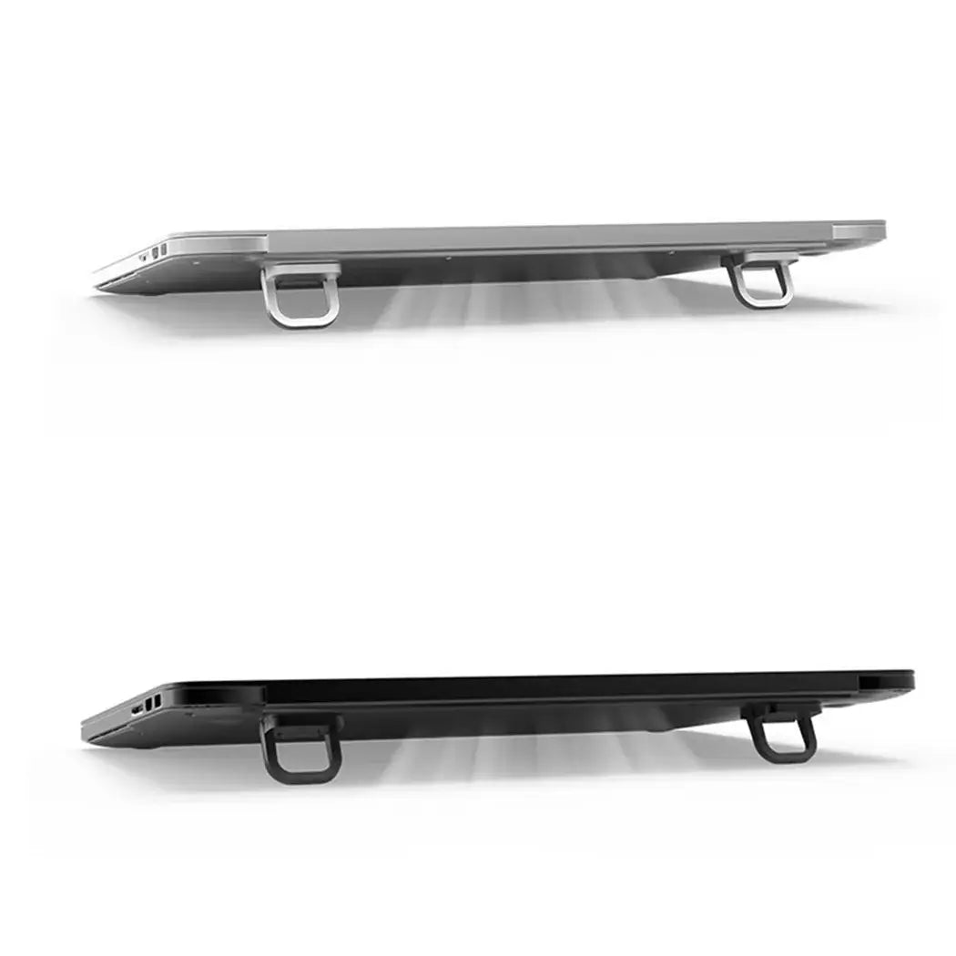 Silver and black portable foldable laptop stand with adjustable metal hooks for elevation and ergonomic use