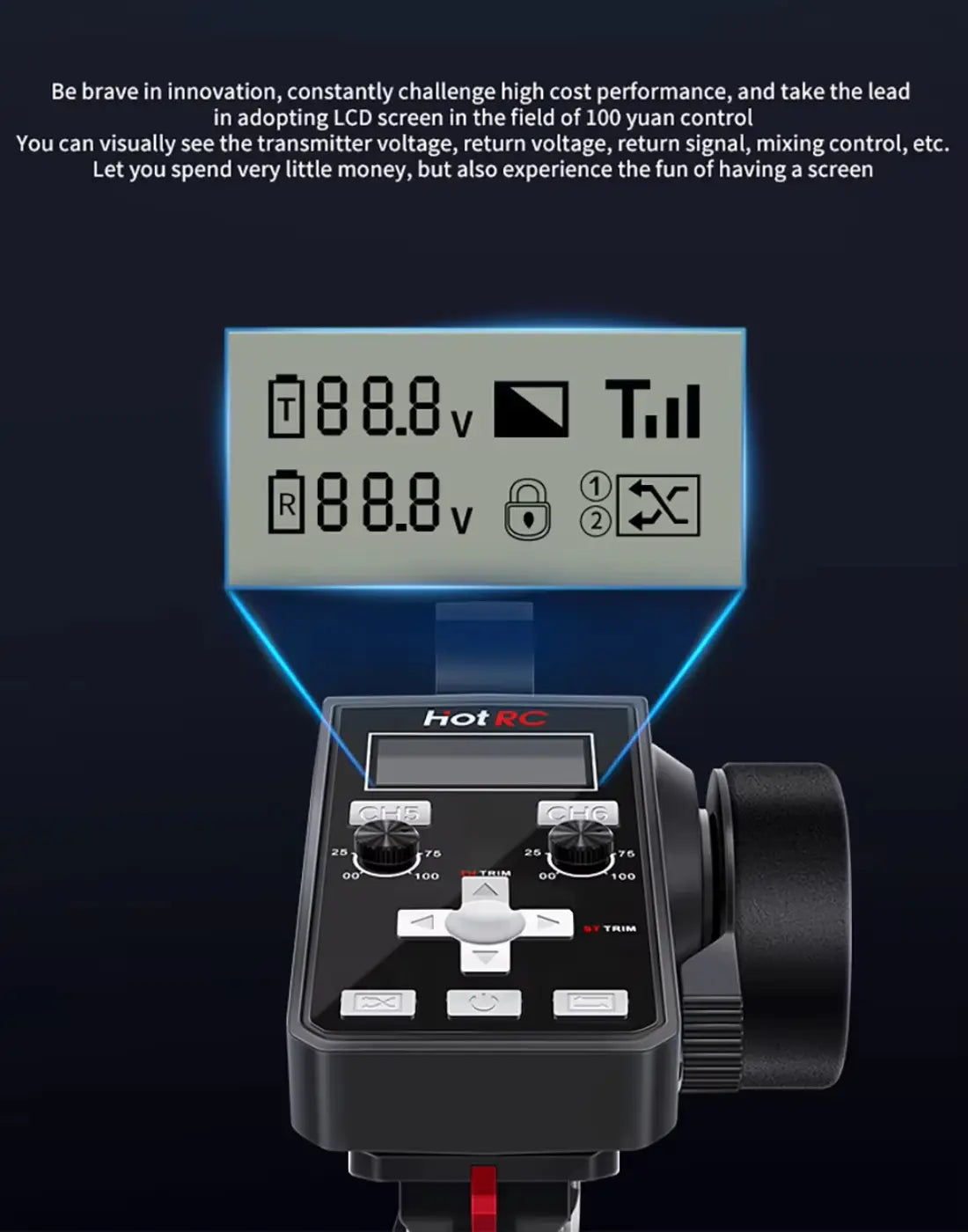 Transmisor del control remoto negro hotrc ct-6a para coche y barco, con pantalla digital LCD que muestra indicadores de voltaje y fuerza de señal.