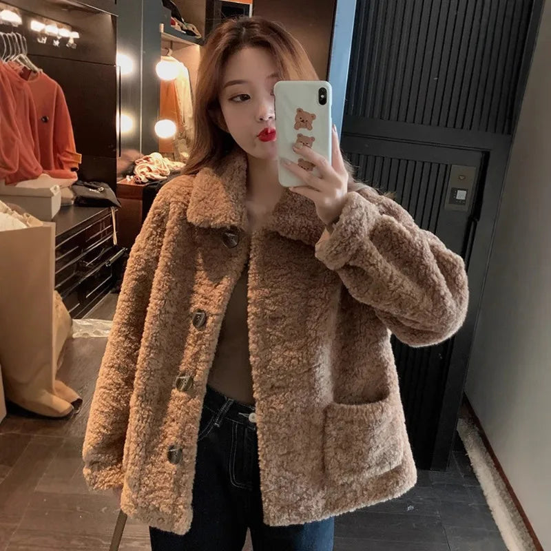Lamb Wool Sweatshirt Jacket for Women Autumn Winter New Loose Short Korean Style Versatile Cardigan Top Fashion