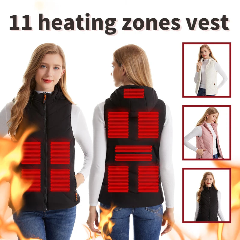 Women's Winter Smart Heated Vest, 11-Zone Heated Vest, USB-Powered Solid-Color Hooded Jacket, Casual, Sports, and Outdoor Warmth