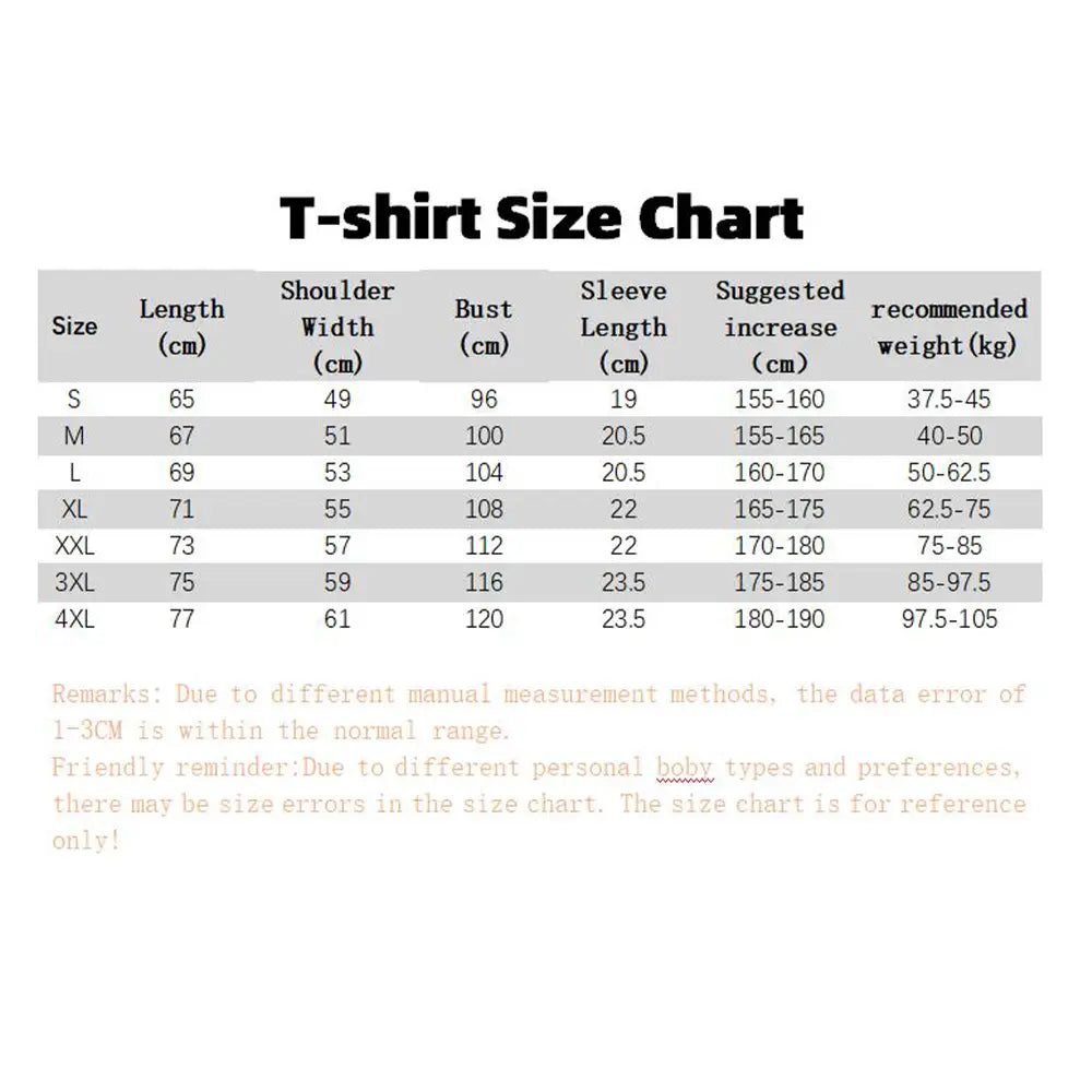 Guide des tailles pour t-shirt en coton pour homme, motif graphique, coupe décontractée, manches courtes, avec mesures pour les tailles S à 4XL.