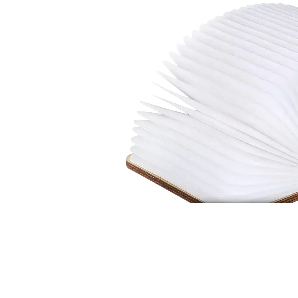 White foldable led book light made of tyvek paper with wooden base shown from front angle