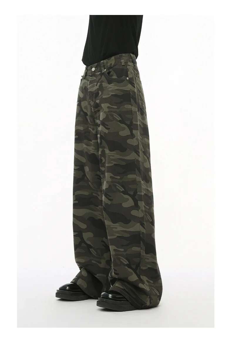 Iefb camouflage wide leg denim jeans in muted green and brown sturdy fabric with a wide-leg cut.