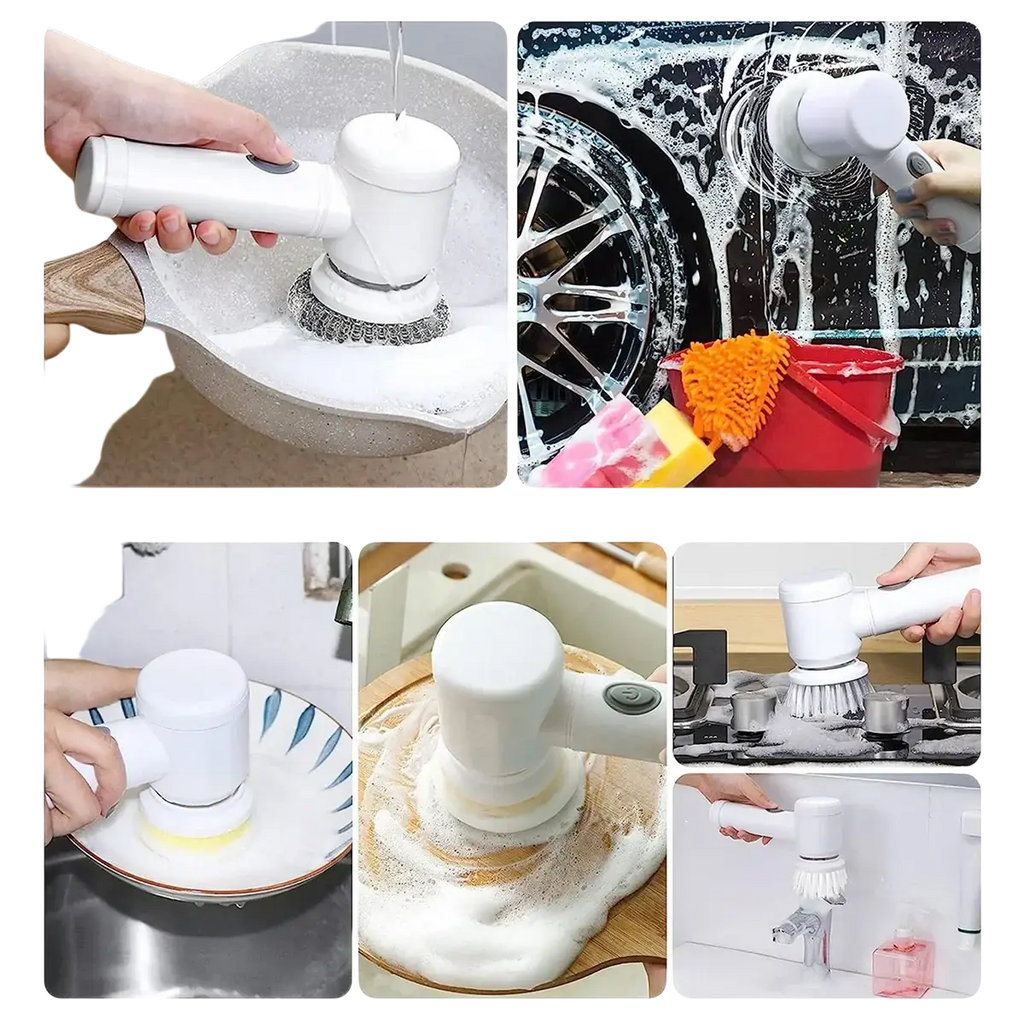 White electric spin scrubber replacement brush head with rotating bristles for cleaning pots pans and car wheels