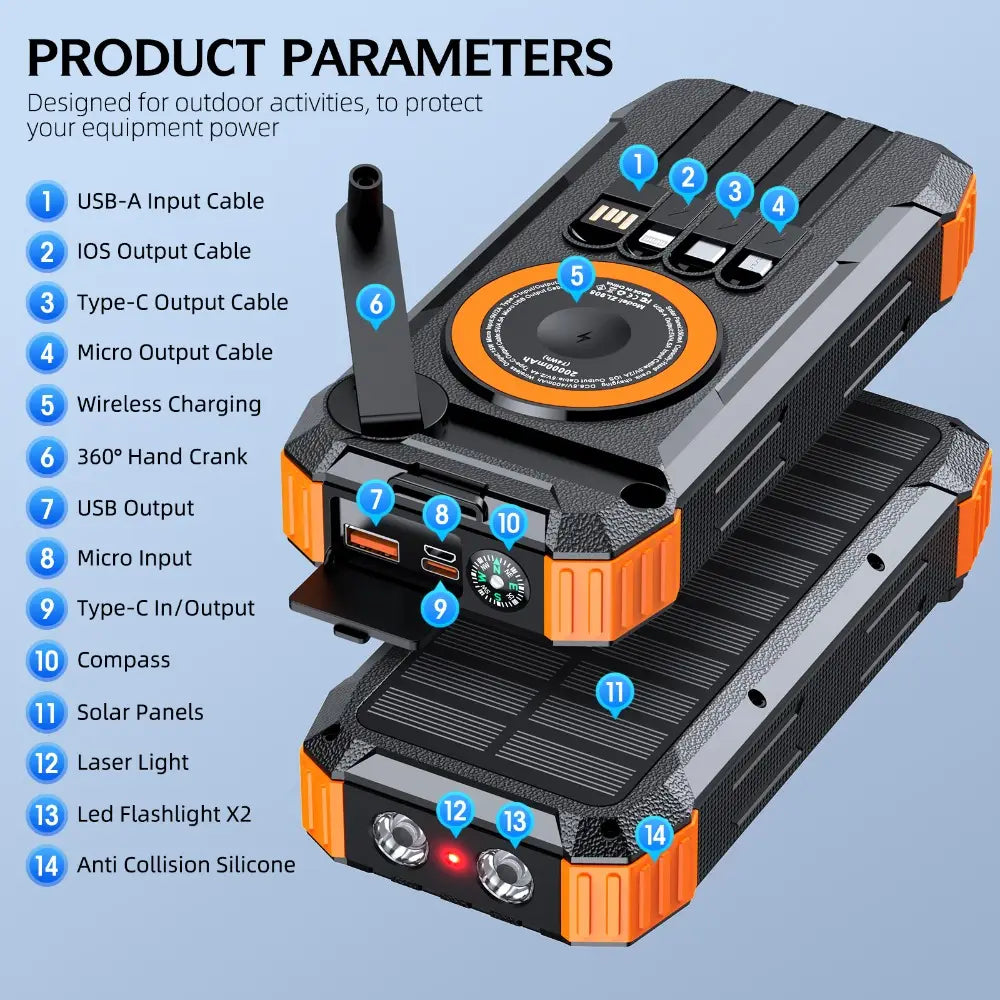 Black and orange rugged portable 50000mAh solar power bank with hand crank charger featuring solar panels, compass, laser light, and led flashlight.