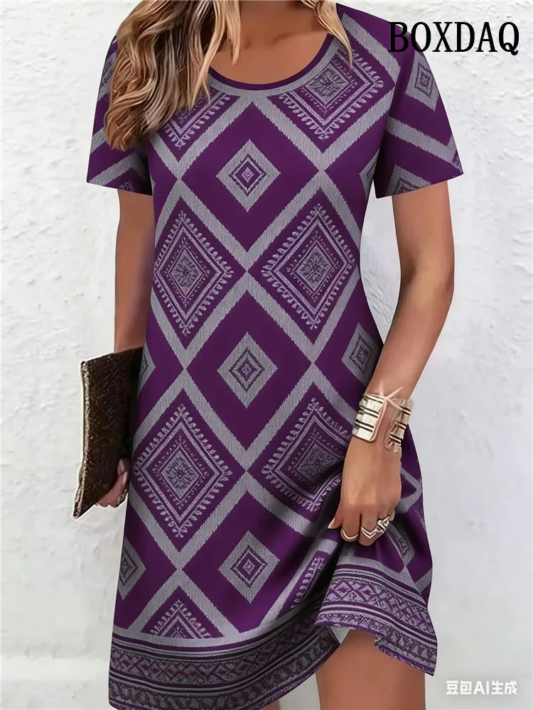 Ethnic Style Pattern 3D Printing Dresses For Women 2026 Fashion Summer Short Sleeve Loose A-Line Dress Casual Women's Clothing