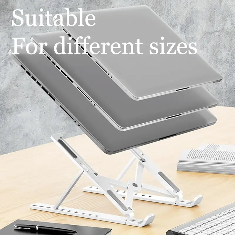 verstellbarer silberner Laptopständer mit schlankem, minimalistischen Design und faltbaren Beinen zur Portabilität in einem Produkt mit dem Titel „Faltbarer verstellbarer Laptopständer“.
