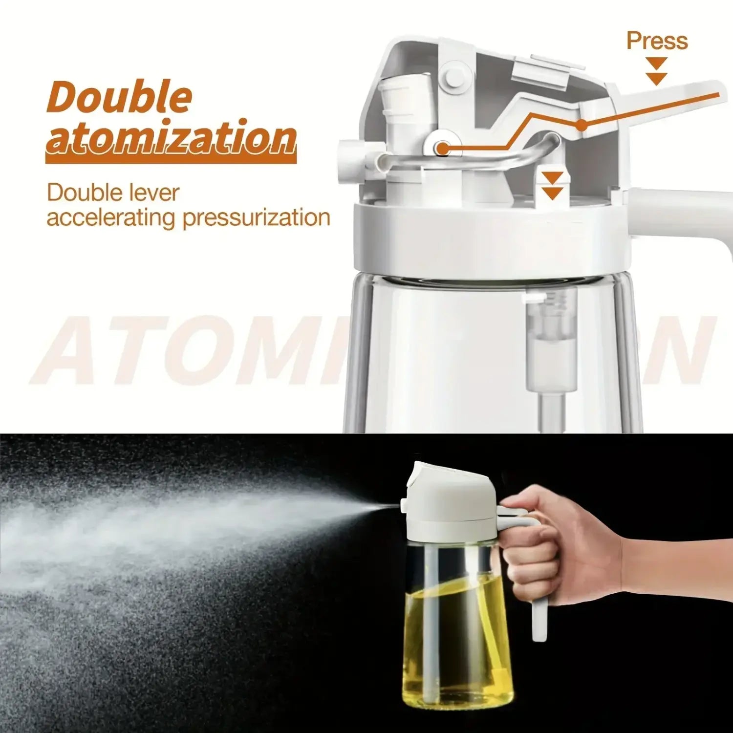 vaporisateur d’huile de cuisine en verre blanc et transparent avec mécanisme de double atomisation dans une bouteille doseuse d’huile 2-en-1 de 500 ml