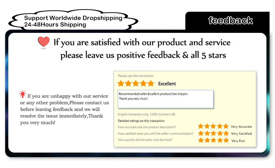 feedback request graphic featuring a five-star rating system and customer service contact information related to the mercedes c class w205 front license plate mount a2058801644.