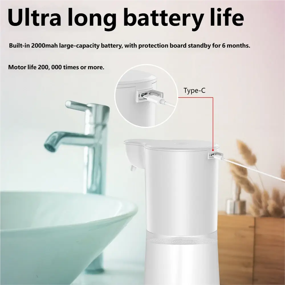 White sleek cylindrical automatic soap dispenser with 350ml capacity and type-c charging port designed for foam bubble generation and efficient hand soap use.