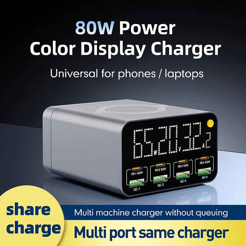 80W/120W 8 Ports Charger station Digital Display USB Type C With Wireless Charger PD QC3.0 Quick Charger For Laptop Tablet Phone