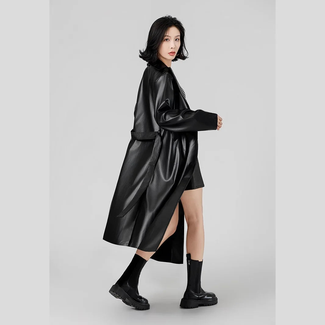 Faux Leather Coats Women Trench Jacket Pu Outerwear Belt Tight Waist Turn Down Collar Autumn Punk Streetwear Windbreaker