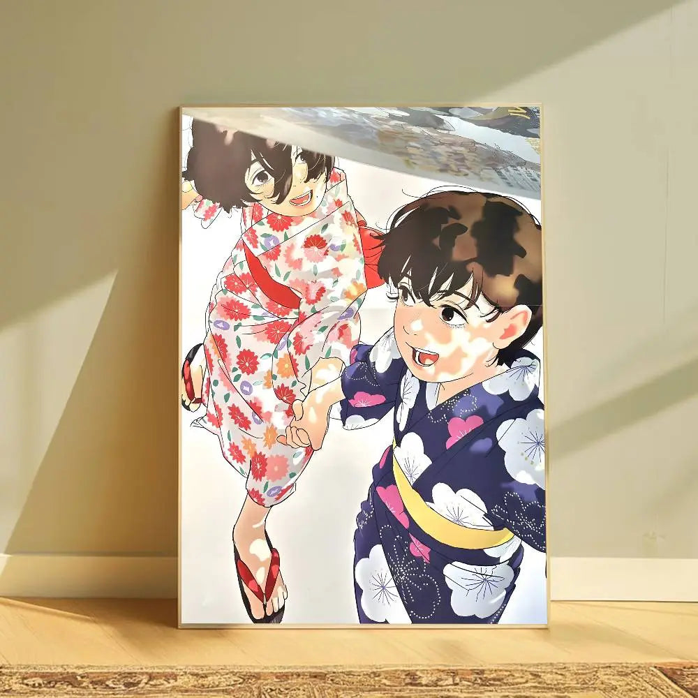 Póster retrográfica anime vibrante estilo look back que presenta dos niños con kimonos de colores con patrones, en una impresión de lona gráfica moderna ideal para arte mural de sala de estar.