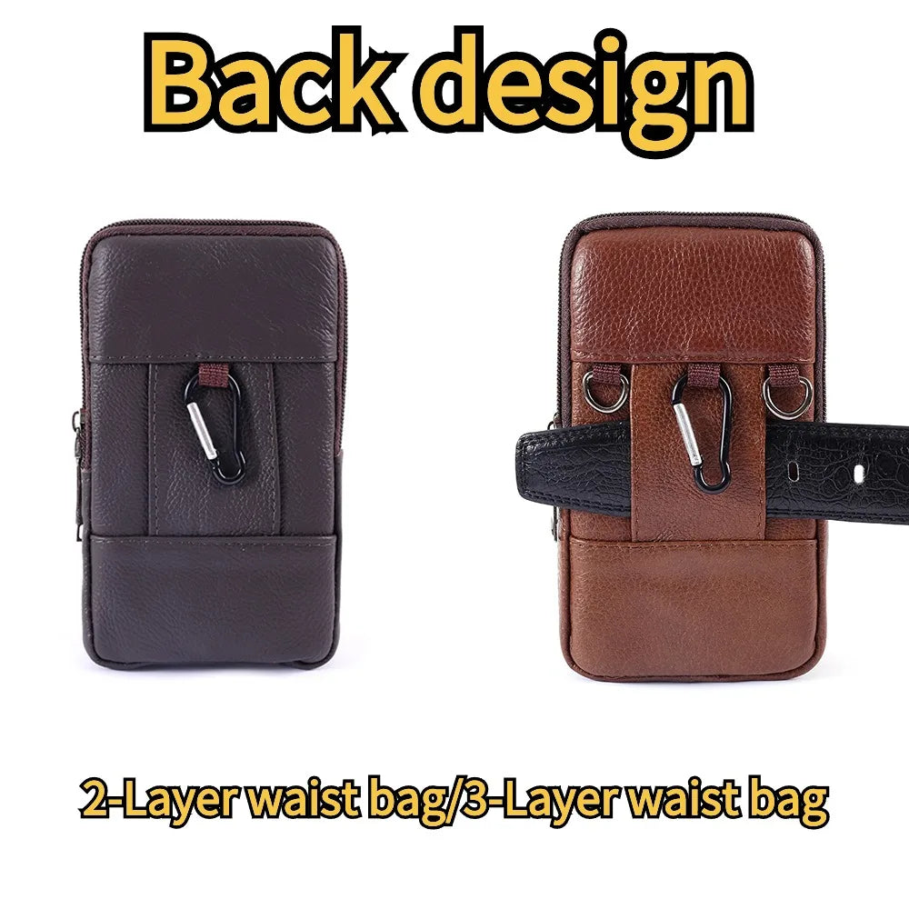 Men Leather Waist Bag Large Capacity Belt Bag Brown Shoulder Bags Crossbody Bags Multi-layer Buckle Mobile Phone Bag Bum Pouch