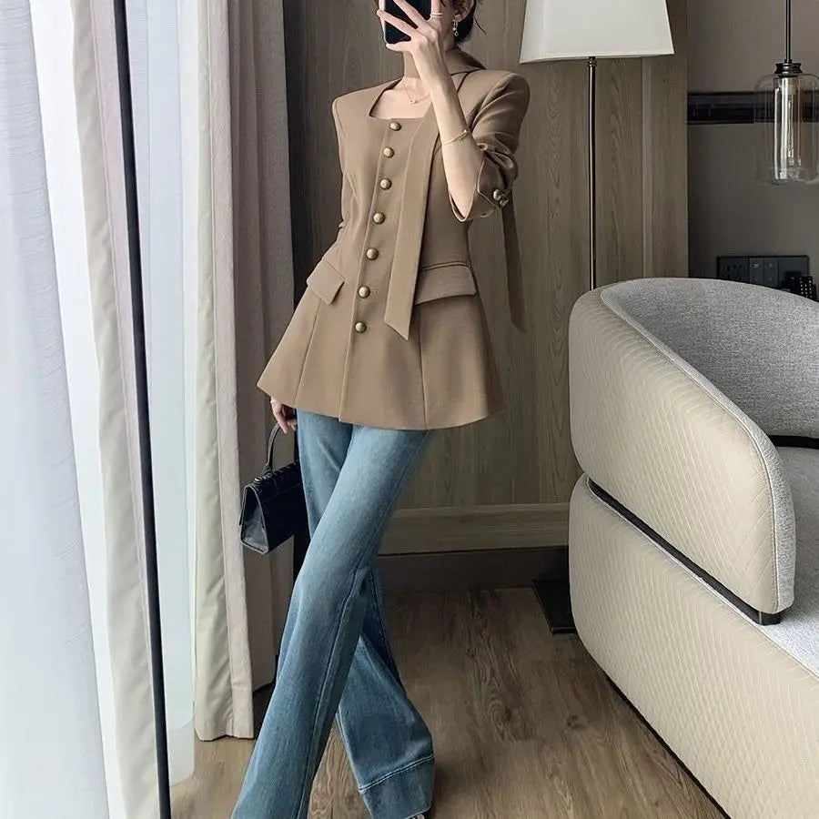 Women's Blazer 2025 Spring and Autumn New Style High-end Elegant Waist-cinching Square Collar Small Blazer