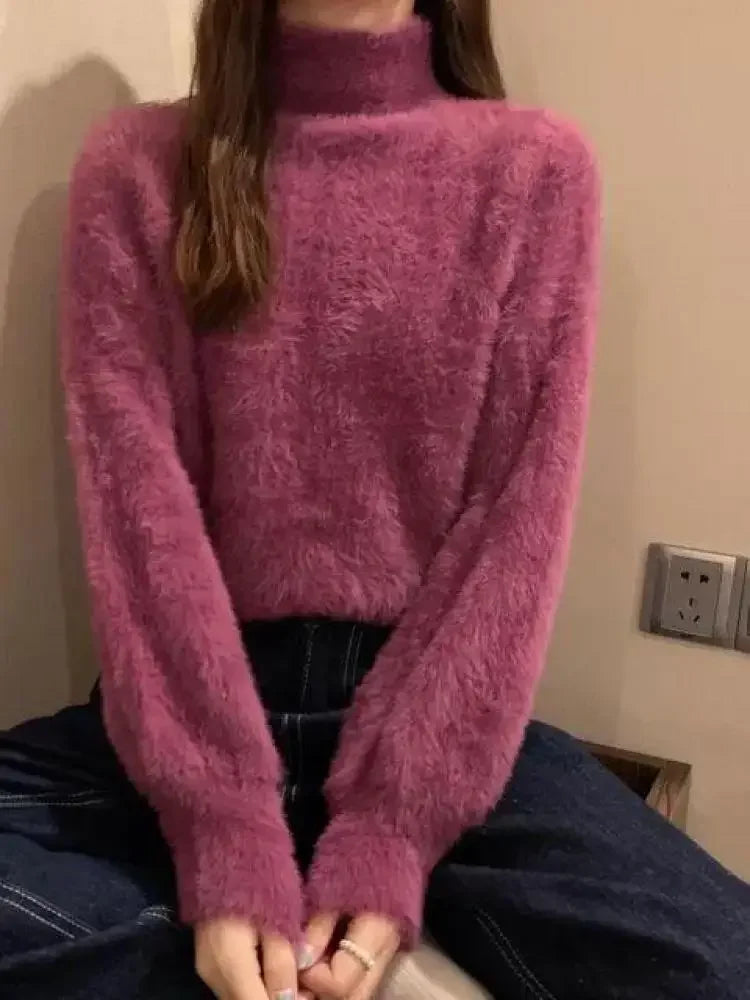 Women Knitted Pullovers 2026 Winter Imitate Mink Wool Hot Fleecing Female Turtleneck Elastic Casual Sweater Soft Warm Tops