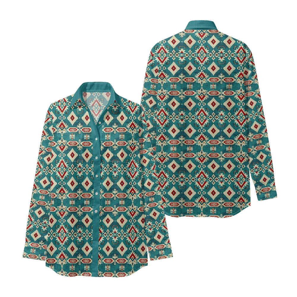 Ethnic-Inspired Long-Sleeve Women Shirt with Aztec Geometric Pattern Printed Front 2 Pockets Button-Up Retro Tribal Casual Style