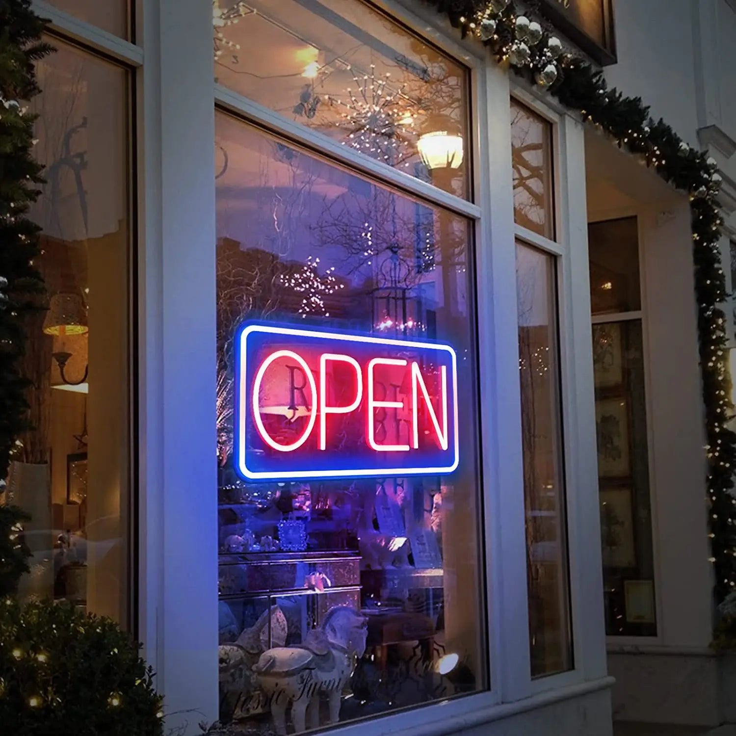 led open neon sign with adjustable brightness featuring a glowing neon lights open sign with red interior and blue outline in a rectangular frame as a vibrant light source.