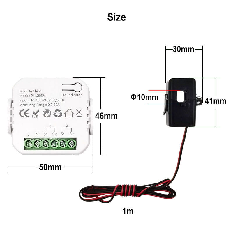 Eine schwarze Kunststoff-Stromzange mit rotem und schwarzem Kabel, 1 Meter lang, für einen Zigbee-Energieüberwachungs-Bidirektionalen Smart-Power-Meter.