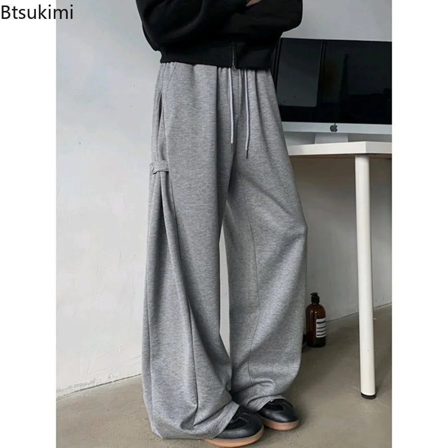 Men's Casual Wide Leg Pants Grey Black High Street Loose Fit Spring Autumn Heavy Weight Straight Tube Trousers for Men All Match