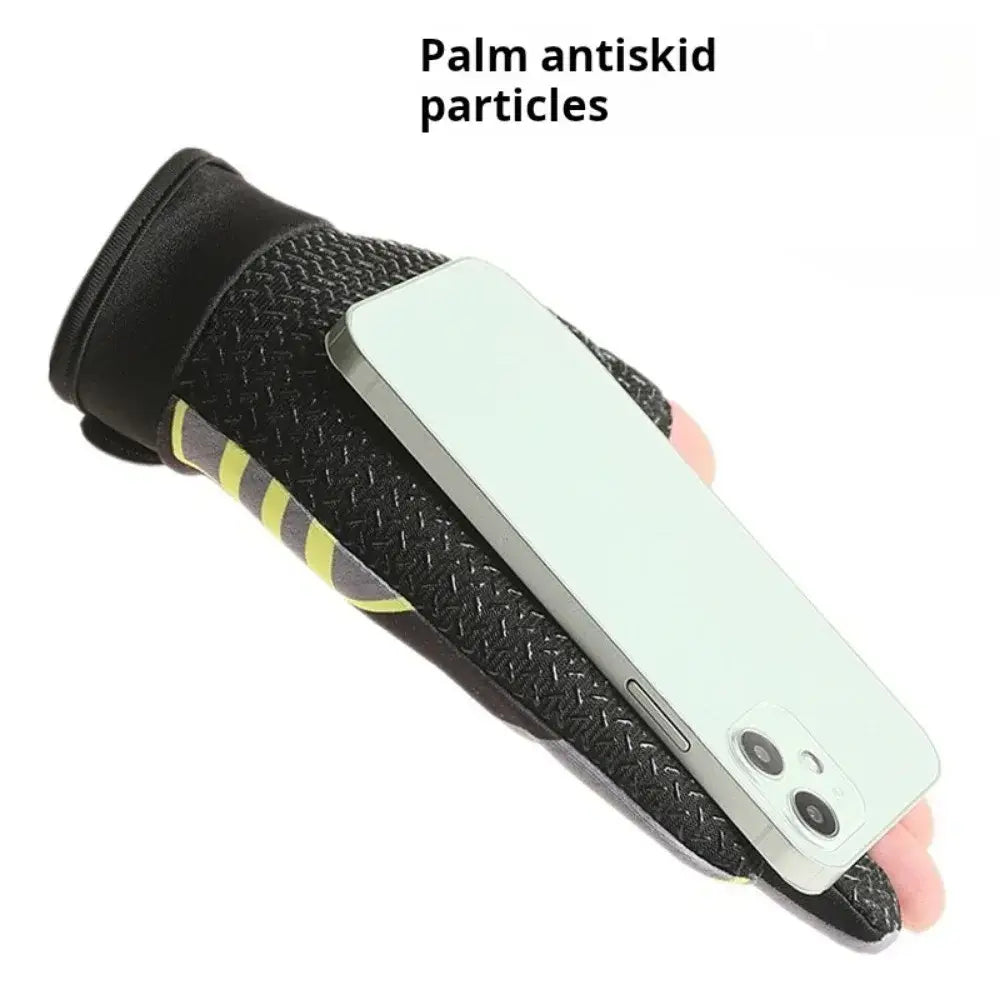 Black mesh ice silk three finger fishing gloves with yellow and gray reflective stripes on the wrist and palm antiskid particles for enhanced grip shown from the back side.