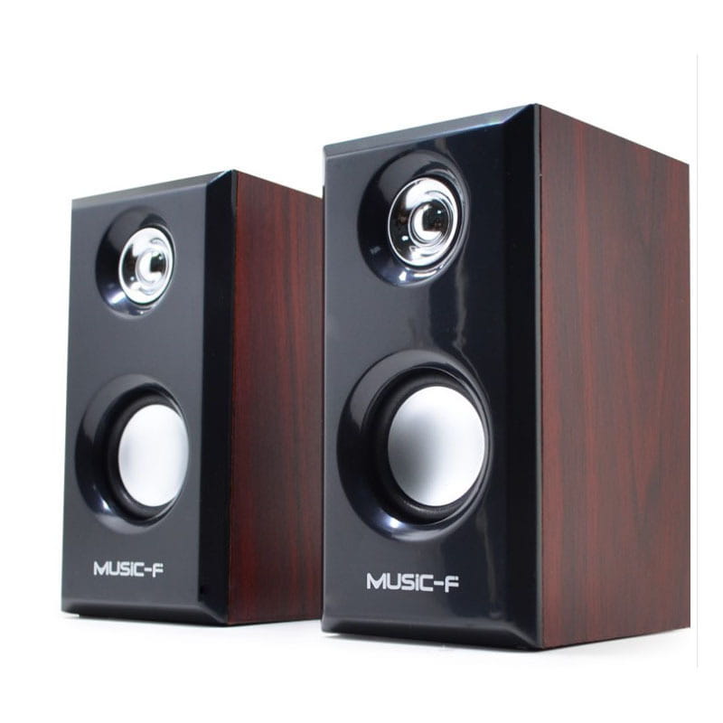 A pair of music-f usb wooden computer speakers with glossy black front panels and rich mahogany wood-grain sides featuring two circular drivers for surround sound stereo.