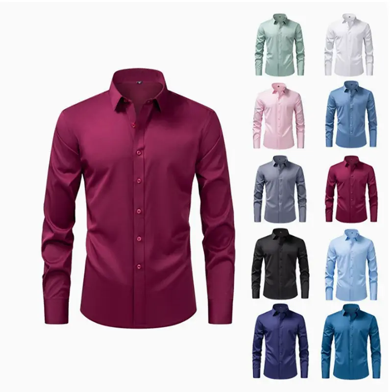 Une chemise habillée sans repassage pour homme élégante à manches longues, de couleur bordeaux profonde, avec un col net et une patte boutonnée conçue pour la grande taille.