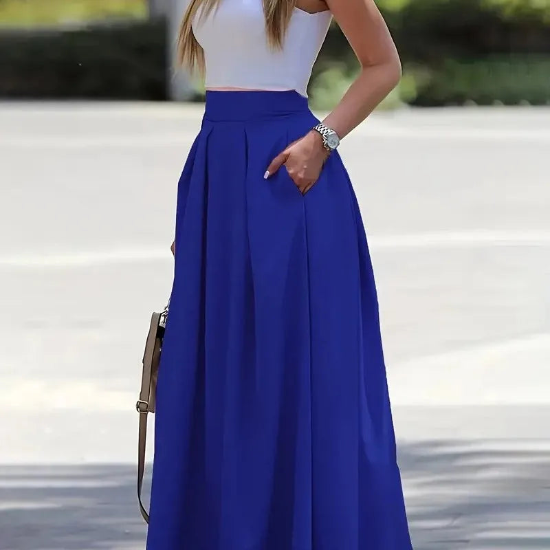 Long Skirts For Women Spring Summer High-waist Solid Color Long Skirt Women's Pocket Commuting A-line Pleated Fashion Long Skirt