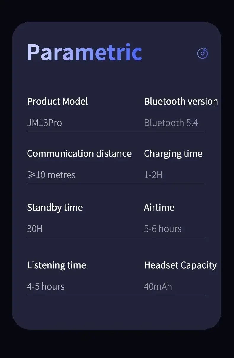 Bluetooth 5.4、5～6時間の連続再生に対応する40mAhバッテリー、マイク付き充電ケースを備えた、洗練されたダークデザインのワイヤレスイヤホン「jm13pro」。