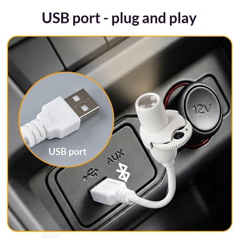 White usb powered galaxy projector car charger with a clip-on design and integrated 12v power port shown from a front angle