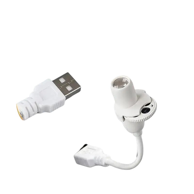 White usb powered car charger with built-in flashlight and plug-and-play design shown from front angle