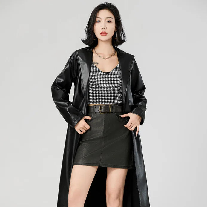 Faux Leather Coats Women Trench Jacket Pu Outerwear Belt Tight Waist Turn Down Collar Autumn Punk Streetwear Windbreaker