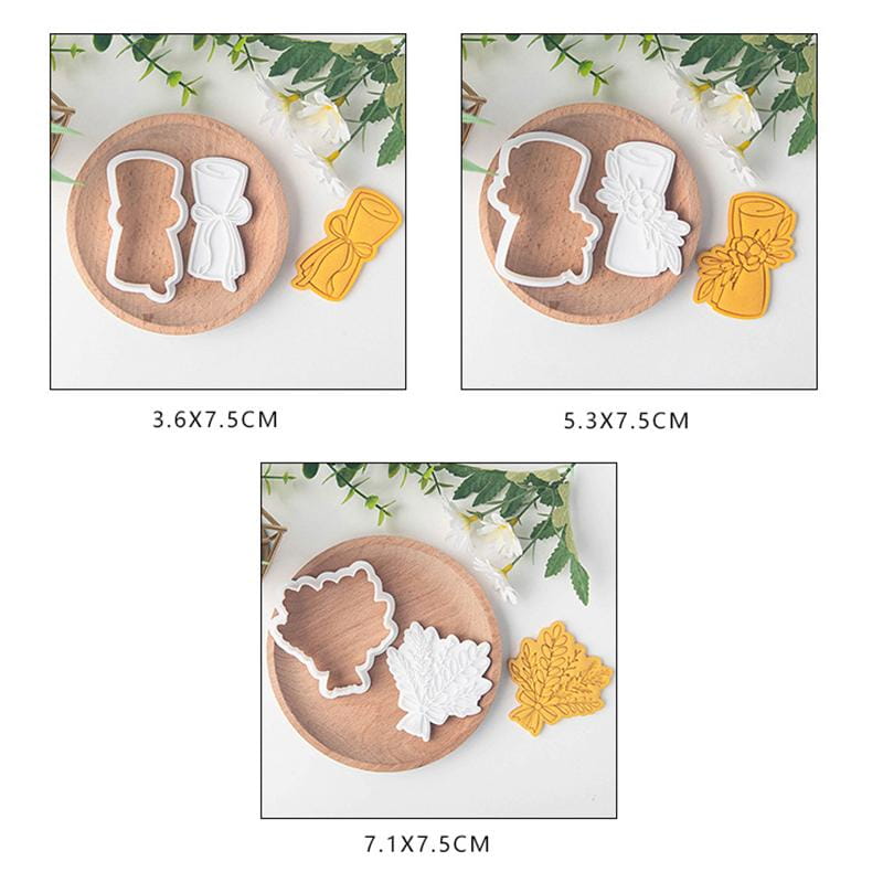 Set of three white and yellow silicone cookie cutters in wedding and graduation themed designs including grooms, brides, graduation caps, and autumn leaves from the 2026 graduation cookie cutter set.