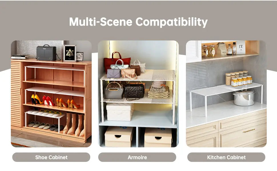 Expandable white metal shoe rack storage organizer with adjustable height and multiple tiers for versatile home storage