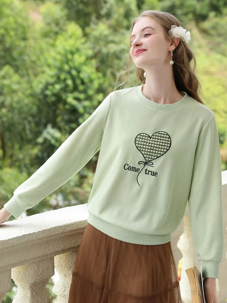 I BELIEVE YOU Hoodies for Women 2024 Autumn Green Waffle Embroidery Loose O Neck New Exquisite Fashion Soft Pullovers CWY245471A