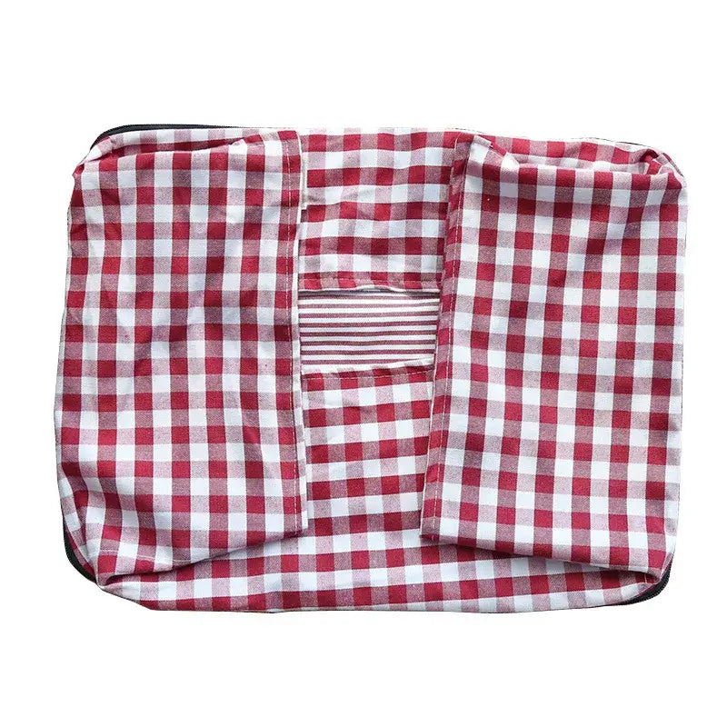 please allow a plush gingham check pet bed cotton dog sofa featuring a red and white checkered fabric bag with a striped interior pocket