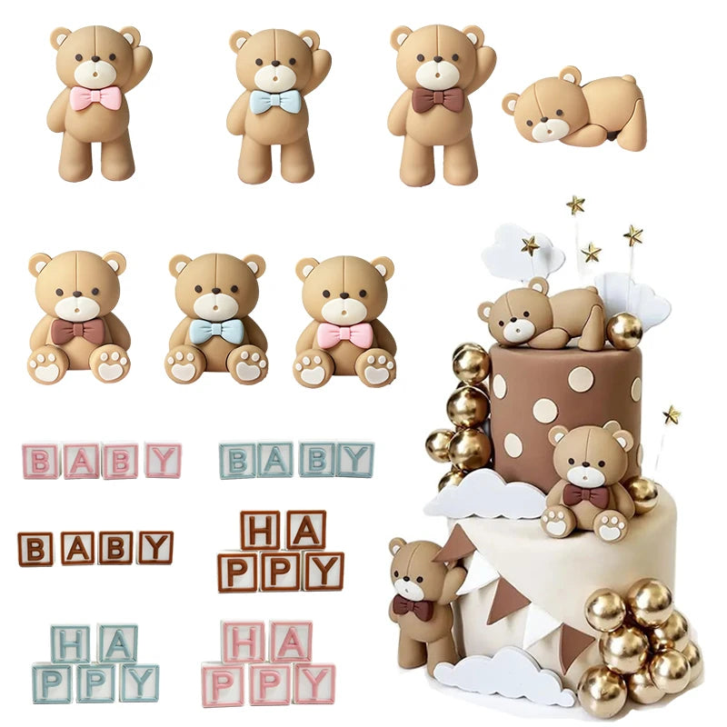 Baby Shower Party Mini Bear Cake Topper Blue Brown Pink Bear Shaped Decor for Kids Boys Girls Dessert Table Layout Accessories