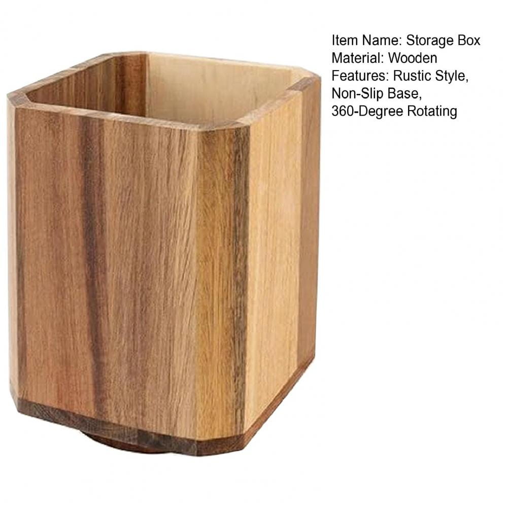 Hexagonal wooden rotating kitchen utensil holder with rustic finish and non-slip base for countertop organization.