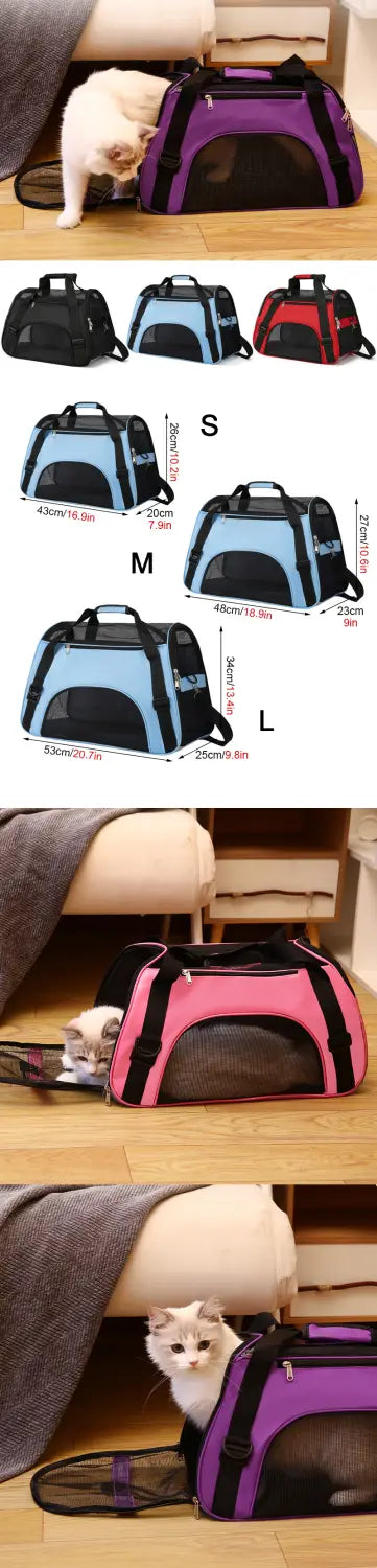 Bolsa de viaje para mascotas morada y negra para perros y gatos pequeños, con laterales de malla transpirable que proporcionan un espacio cómodo.