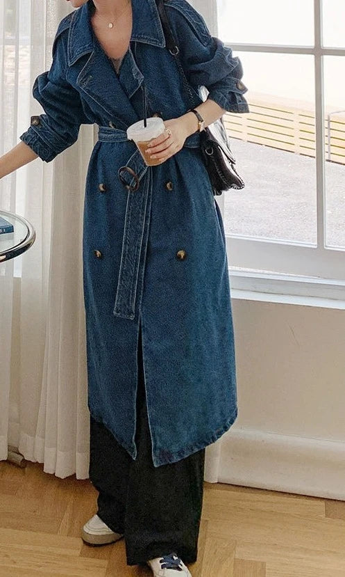 Minimally Casual Blue Denim Trench Coat for Women  2025 Autumn Mid Length Denim Jacket
